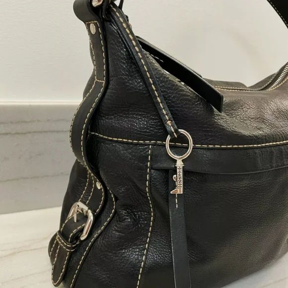 Fossil Black Pebbled Leather Hobo Satchel Tote Bag with Silver Key Charm - Picture 4 of 11